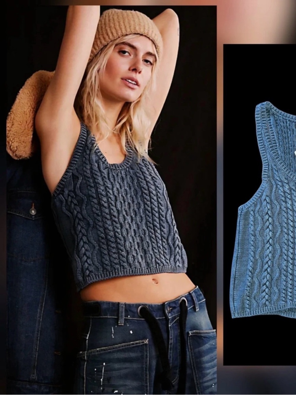 Free People 100% cotton Blue Heather Open-Knit Cable Tank